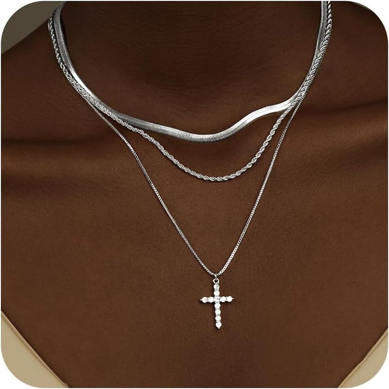 Poxtex قلادة صليب للنساء والفتيات، قلادة صليب رقيقة مطلية بالذهب عيار 14K والفضة، مجوهرات قلادة تشوكر غير قابلة للتأكسد ومقاومة للماء، عصرية وجميلة وبسيطة، قلادة صغيرة لهدايا عيد الفصح والعماد والإيمان الديني - Image 1